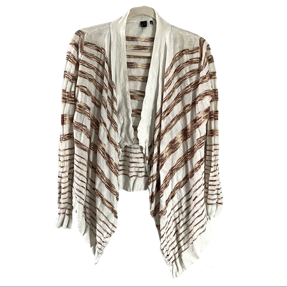 AVA Women’s Cardigan Cream Brown Taupe Stripe Long Sleeve Waterfall Soft Sz S